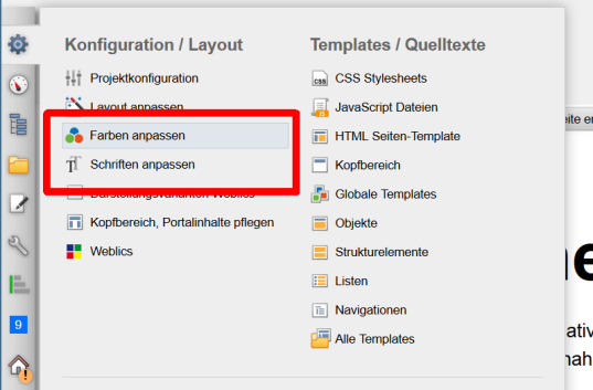 Panel: Farb- und Schriftanpassungen aufrufen