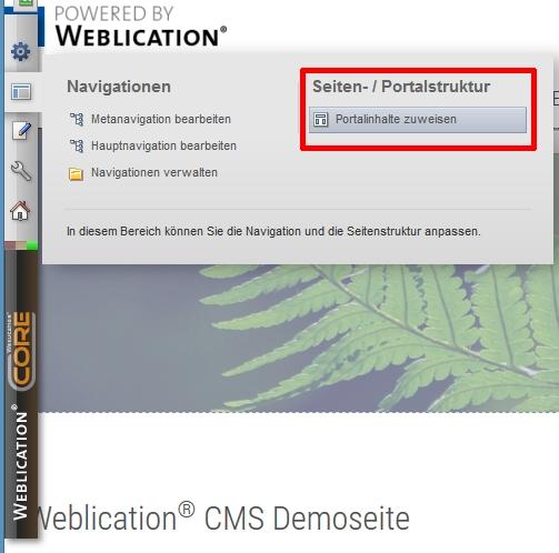 Portalinhalte verwalten - Aufruf über Weblication Panel