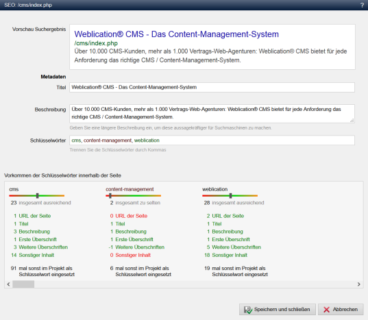 SEO-Maske in Seiteninfo aufrufbar