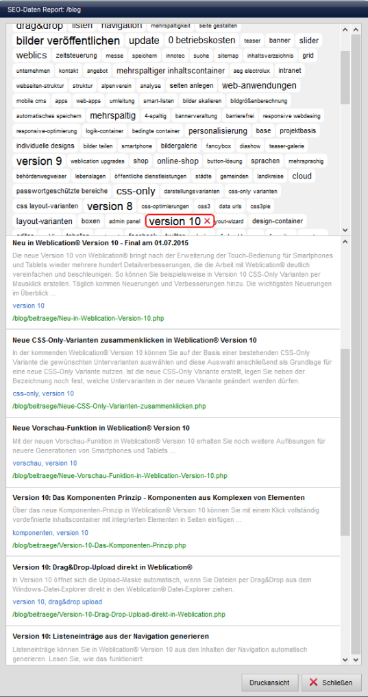 SEO-Report mit Seiten-Filter nach Schlüsselwörter über Tag-Cloud