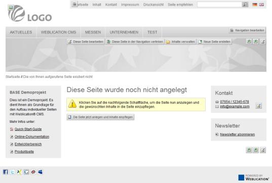 Anlegen einer Seite, die in der Navigation verlinkt aber noch nicht angelegt ist.