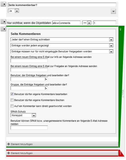 Bedingter Inhaltscontainer für Objekdaten mit integrierter Kommentar-Funktion