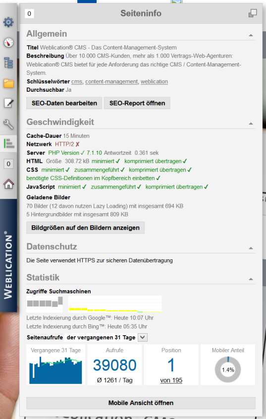 Seiteninfo - zentrales Werkzeug für SEO, Statistik, Performance, Datenschutz