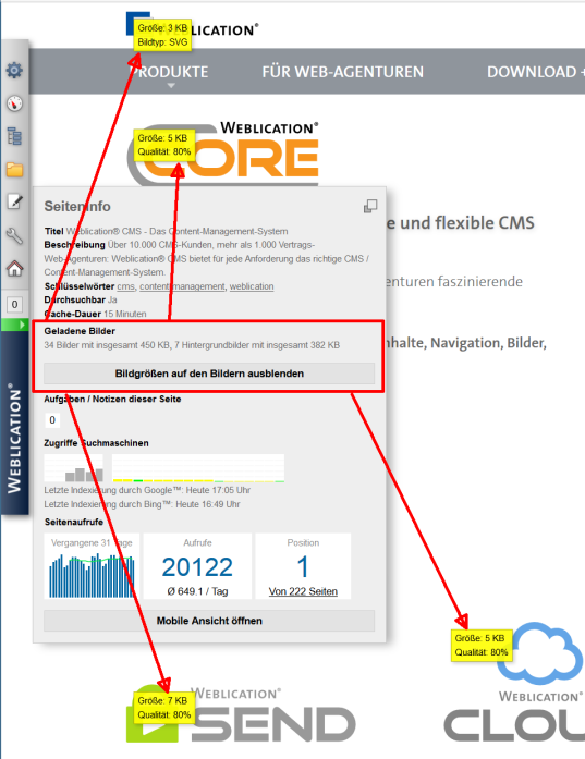 Seiteninfo - Anzeige von Bildgröße und Qualität in Seiten