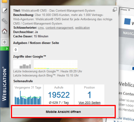 Mobile Ansicht öffnen aus der Seiteninfo heraus