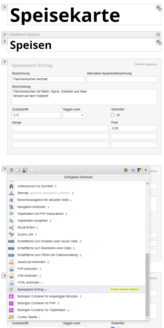 Darstellung Speisekarte im Editor