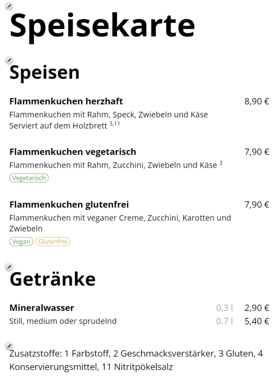 Darstellung Speisekarte in Website