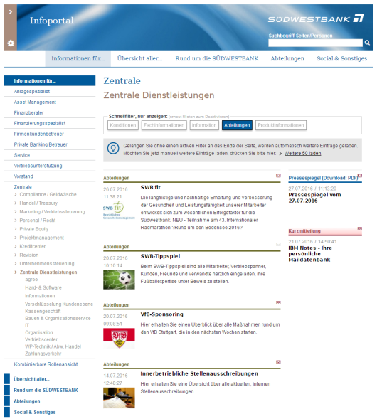 Übersicht von Inhalten für einen speziellen Bereich mit Filtermöglichkeit des Contents nach Inhaltstyp.