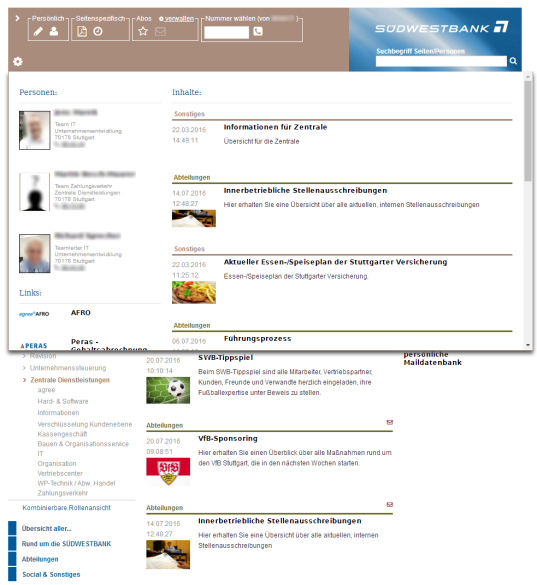 Schnellzugriffe (Lesezeichen) individuell pro User anlegbar und von jeder Seite aus erreichbar (Personen, Seiten, Links etc).