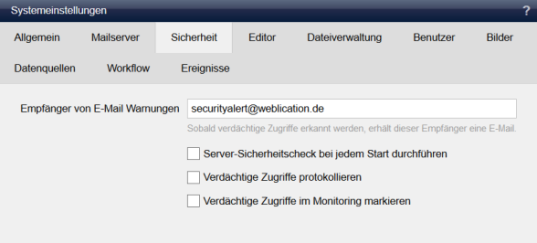 Sicherheitseinstellungen in Weblication