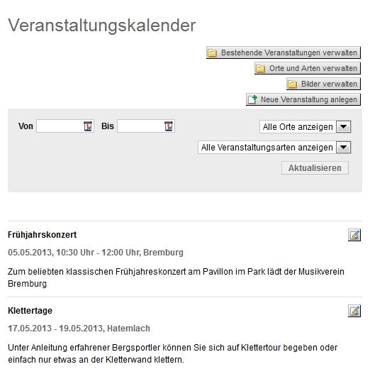 Veranstaltungskalender in der Website