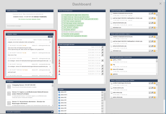 Aufgaben und Notizen in Dashboard enthalten