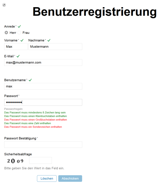 Benutzerregistrierung mit Echtzeitvalidierung der Passwort-Regeln