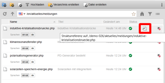 Explorer: Anzeige der Strukturreferenz auf die Hauptsprache