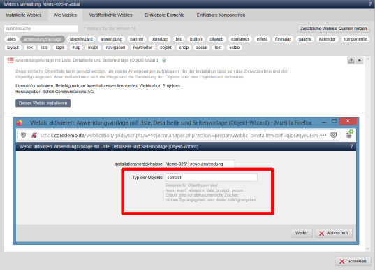 Objekttyp festlegbar beim Installieren von Weblics®