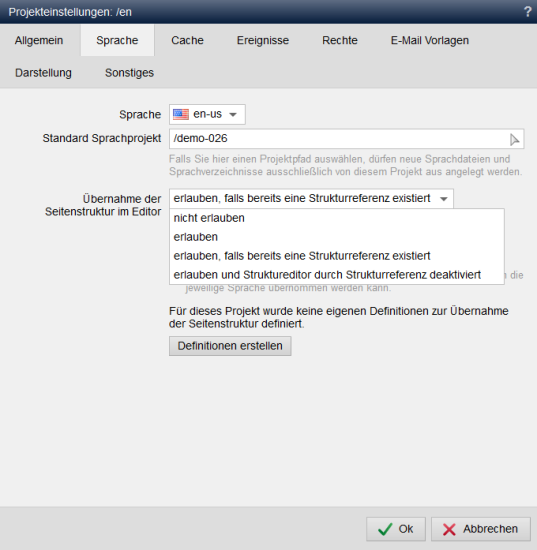 Projekteinstellungen Sprache - Möglichkeiten der Einstellung