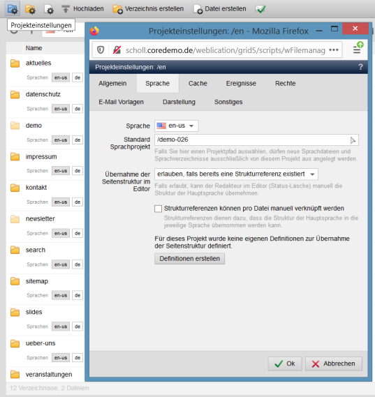 Projekteinstellungen Sprache