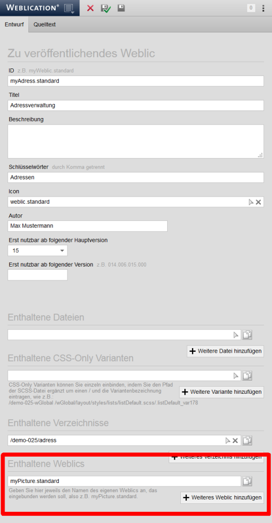 Eigene zu veröffentlichende Weblics® können andere Weblics® enthalten