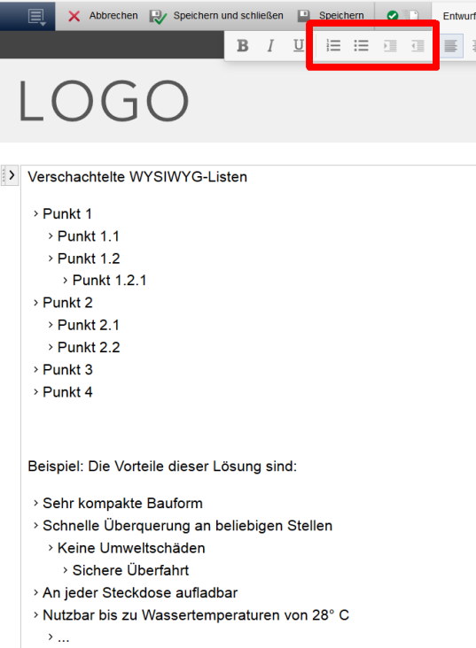 Verschachtelte Punkte-Listen im WYSIWYG-Editor