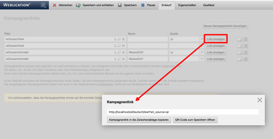 Kampagnenlink übernehmen zum Eintrag in der jeweiligen Kampagne z.B. Newsletter
