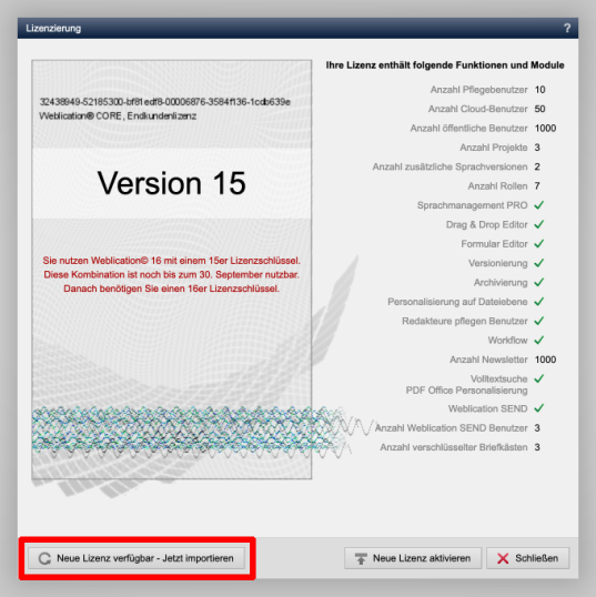 Version 16: Lizenzen per Klick importieren