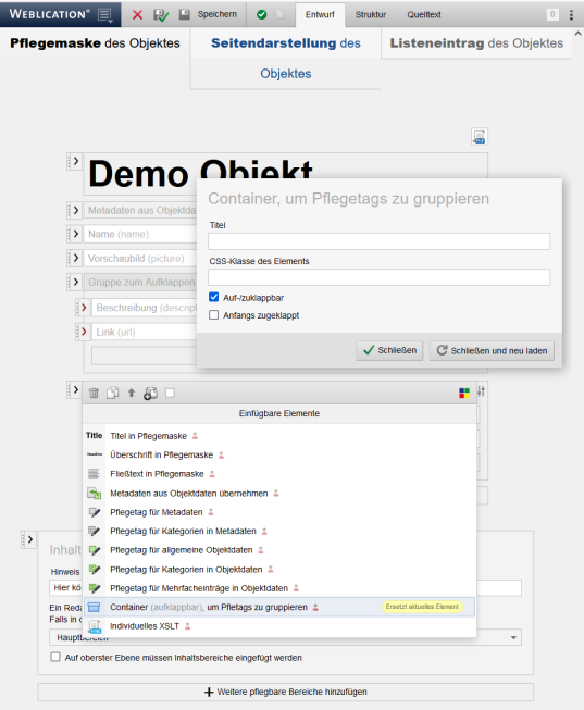 Version 16: Objekt-Wizard - Pflegefelder gruppieren