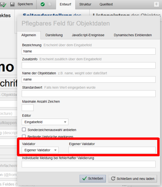Version 16: Objekt-Wizard - Eigene Validatoren und Fehlermeldungen nutzbar