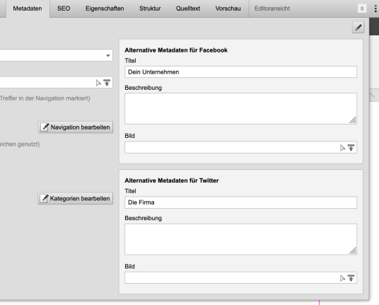 Version 16: Für Facebook und Twitter optional alternative Metadaten pflegen.