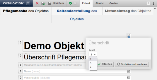 Version 16: Objekt-Wizard - Hierarchie und Größe von Überschriften auswählbar