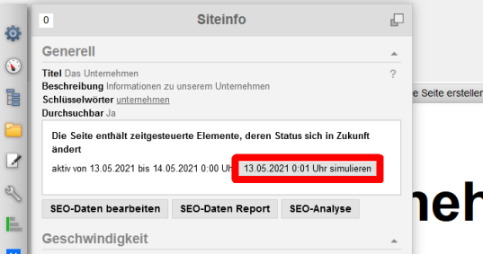 Zeitsteuerung von Elementen in Seiten simulieren in Siteinfo der Seite