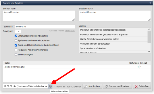 Version 17: Suchen & Ersetzen rückgängig machen