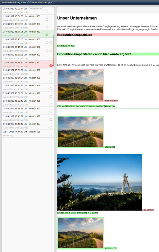 Editor: Versionenvergleich zeigt Überschriften, Links, Bilder etc.