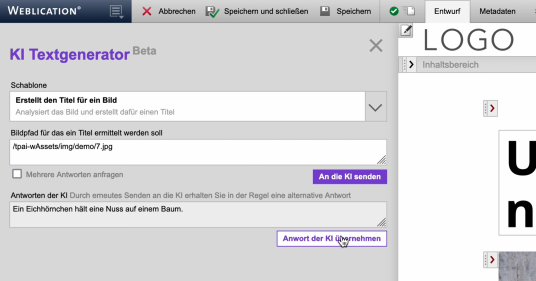 Bild an KI senden zu Erkennung des Bildinhalts und Generierung des Titels