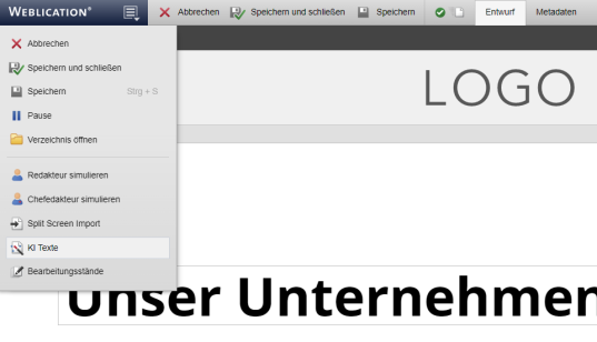 Aufruf der KI-Maske über Editor Menü