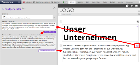 Inhaltstext generieren über KI auf Basis des Textes in einem Textfeld