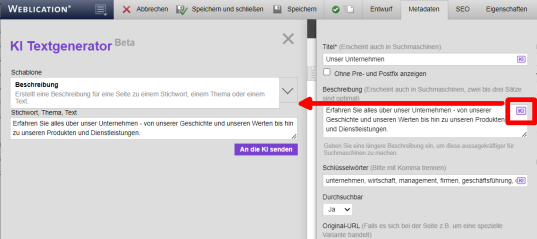 Metadaten Beschreibung generieren über KI auf Basis des Textes in einem Textfeld