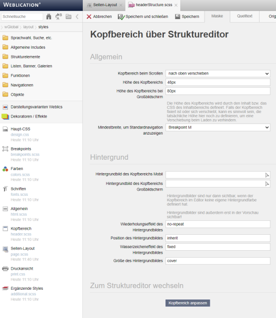 Einstellungen für den Kopfbereich vornehmen