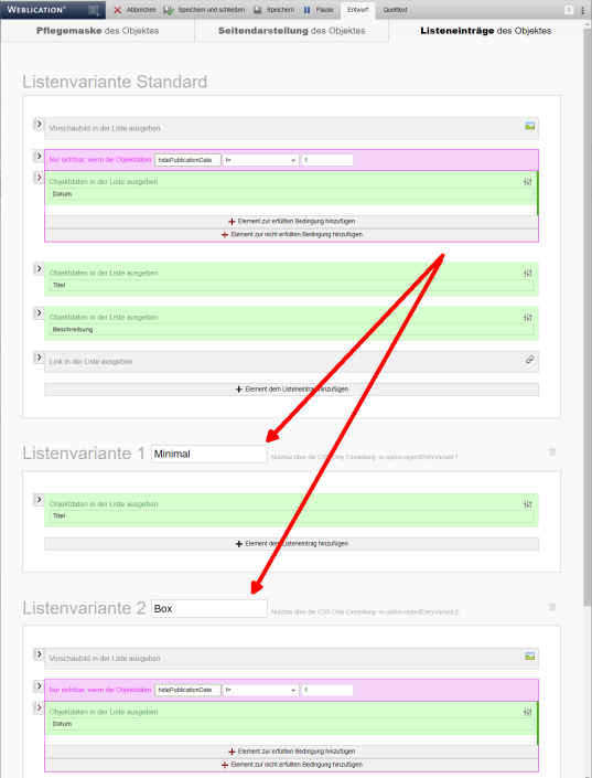 Objekt-Wizard: Bezeichnungen für Listenvarianten