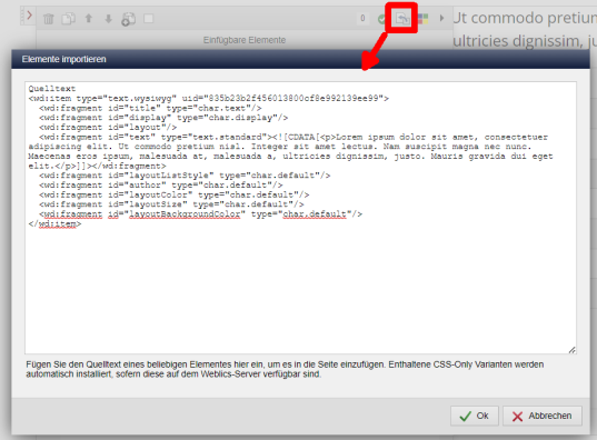 Version 18: Editor - Elemente als Quelltext importieren
