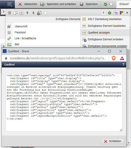 Version 18: Editor - Elemente Quelltext anzeigen und in Zwischenablage kopieren