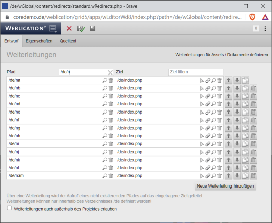 Editor: Weiterleitungen filtern