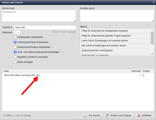 Werkzeuge: Suchen&Ersetzen zeigt vorhandene Arbeitskopie