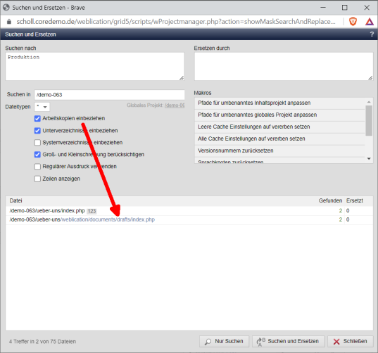 Werkzeuge: Suchen&Ersetzen kann Arbeitskopien einbeziehen