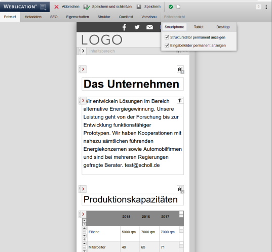 Version 16: Editor im Desktop-, Tablet- oder Mobile-Modus 