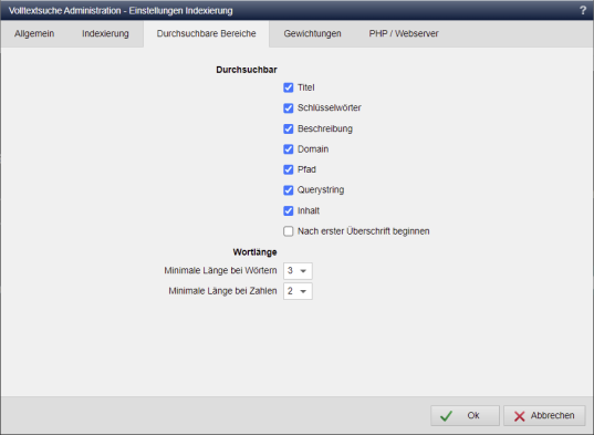 Durchsuchbare Bereiche der Web-Projekte
