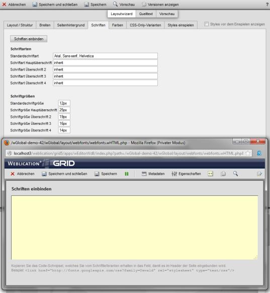 Web Fonts einbinden über die Benutzeroberfläche von Weblication