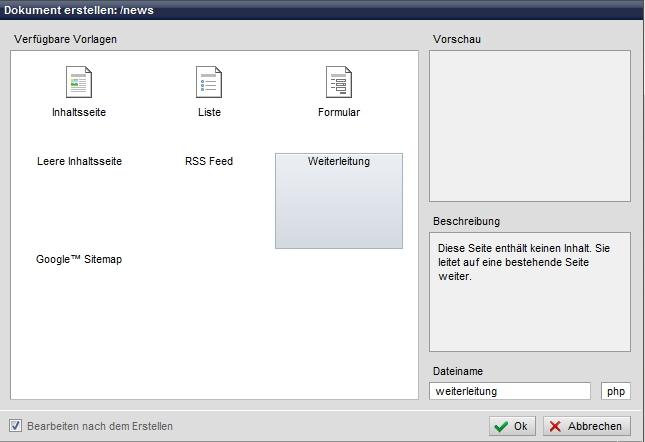 Sie wählen das Template für die Weiterleitungsseite aus und erstellen die neue Seite