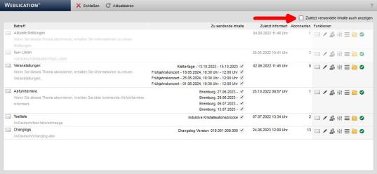Werkzeuge: Aboverwaltung: Anzeige mit / ohne zuletzt versendete Inhalte