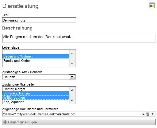 Maske zur Pflege verknüpfter Datensätze: Verknüpfung mit Lebenslagen, Ämtern, Mitarbeitern