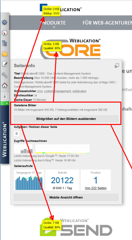 Anzeige von Bildgröße und Qualität in Seiten durch Klick in Seiteninfo